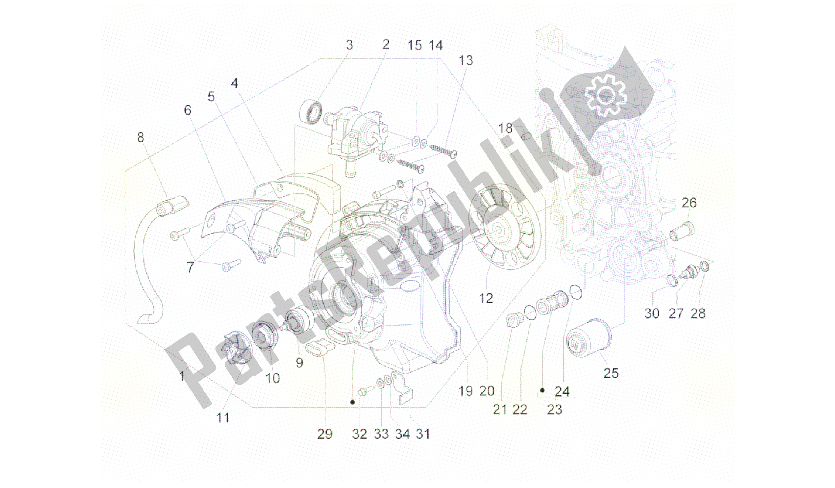 All parts for the Flywheel Magneto Cover - Oil Filter of the Gilera Runner 200 2005 - 2011