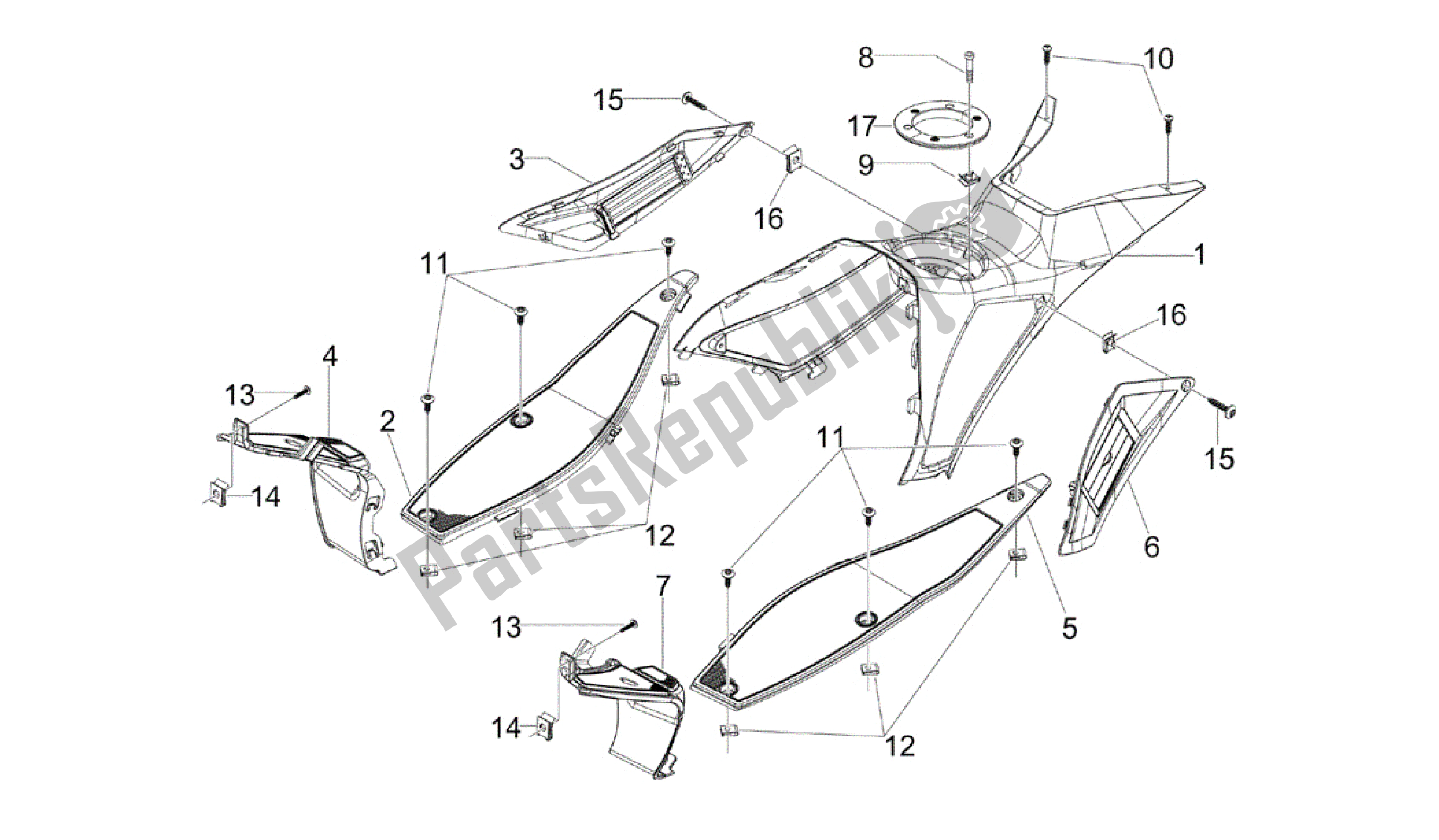 All parts for the Central Cover - Footrests of the Gilera Runner 200 2005 - 2011