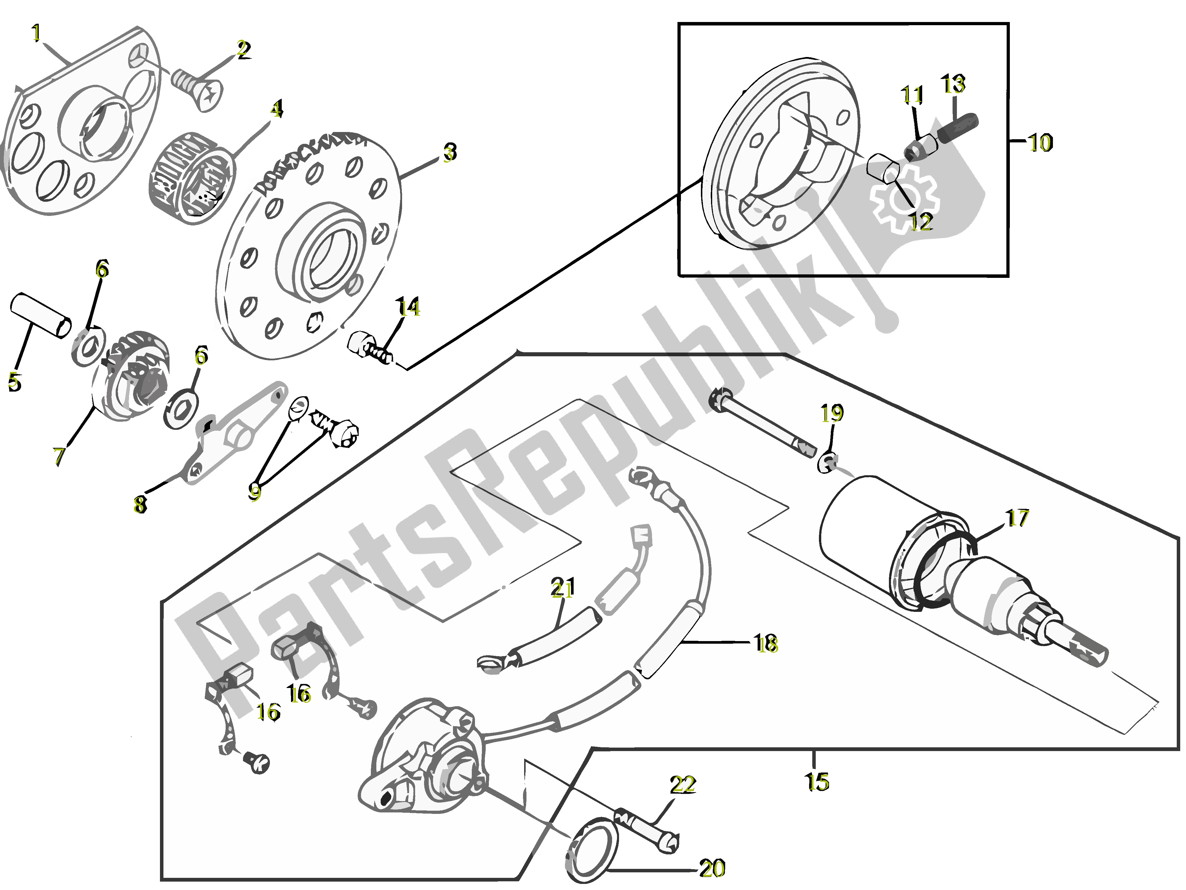 All parts for the Startmotor of the Gilera SC 125 2007 - 2015