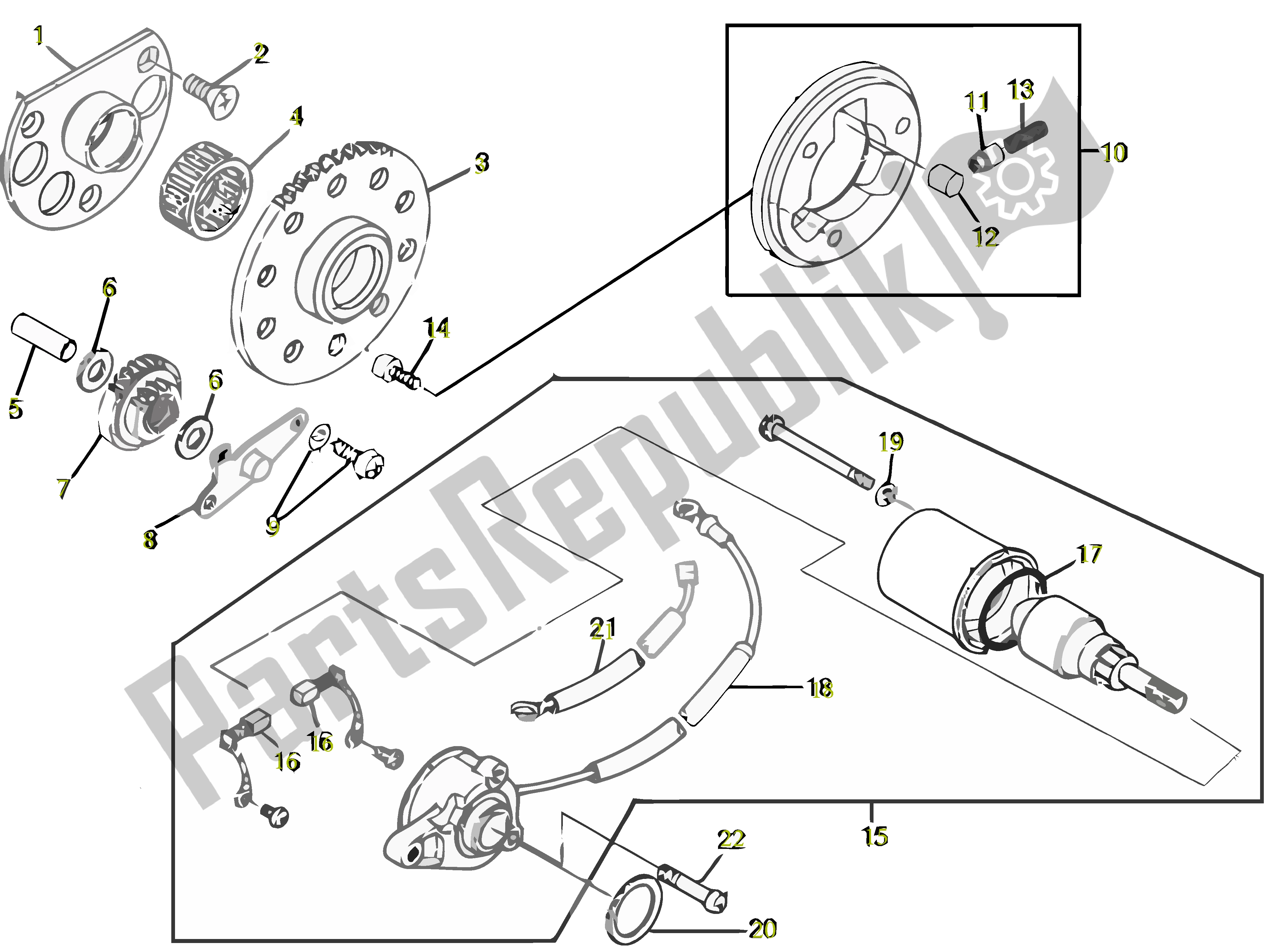 All parts for the Startmotor of the Gilera SC 125 2007 - 2015