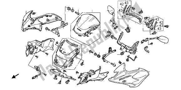 All parts for the Fr. Cowl & Side Cowl & Windscreen of the Honda CB 1300A 2005