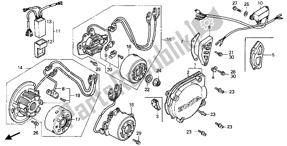 All parts for the Left Crankcase Cover & Generator & C. D. I. Unit of the Honda CR 125R 1987