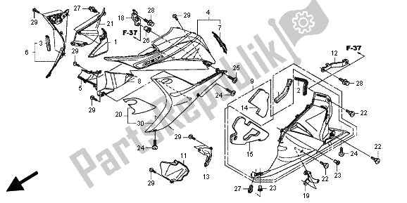 Alle onderdelen voor de Onderste Kap (l.) van de Honda CBR 600 RR 2012