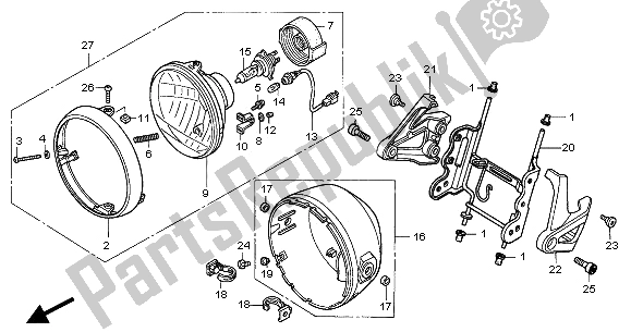 All parts for the Headlight (uk) of the Honda CB 900F Hornet 2005