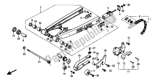 All parts for the Rear Fork & Drive Chain of the Honda CR 125R 1986