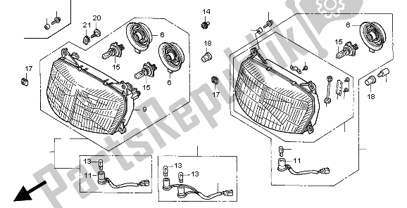 All parts for the Headlight (uk) of the Honda VFR 750F 1997