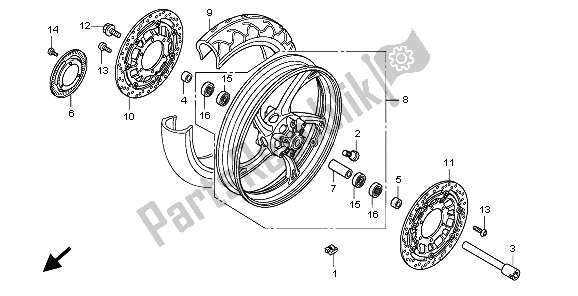 All parts for the Front Wheel of the Honda CB 600F3A Hornet 2009