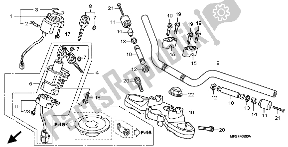 Alle onderdelen voor de Handvatpijp & Hoogste Brug van de Honda CB 600F3A Hornet 2009