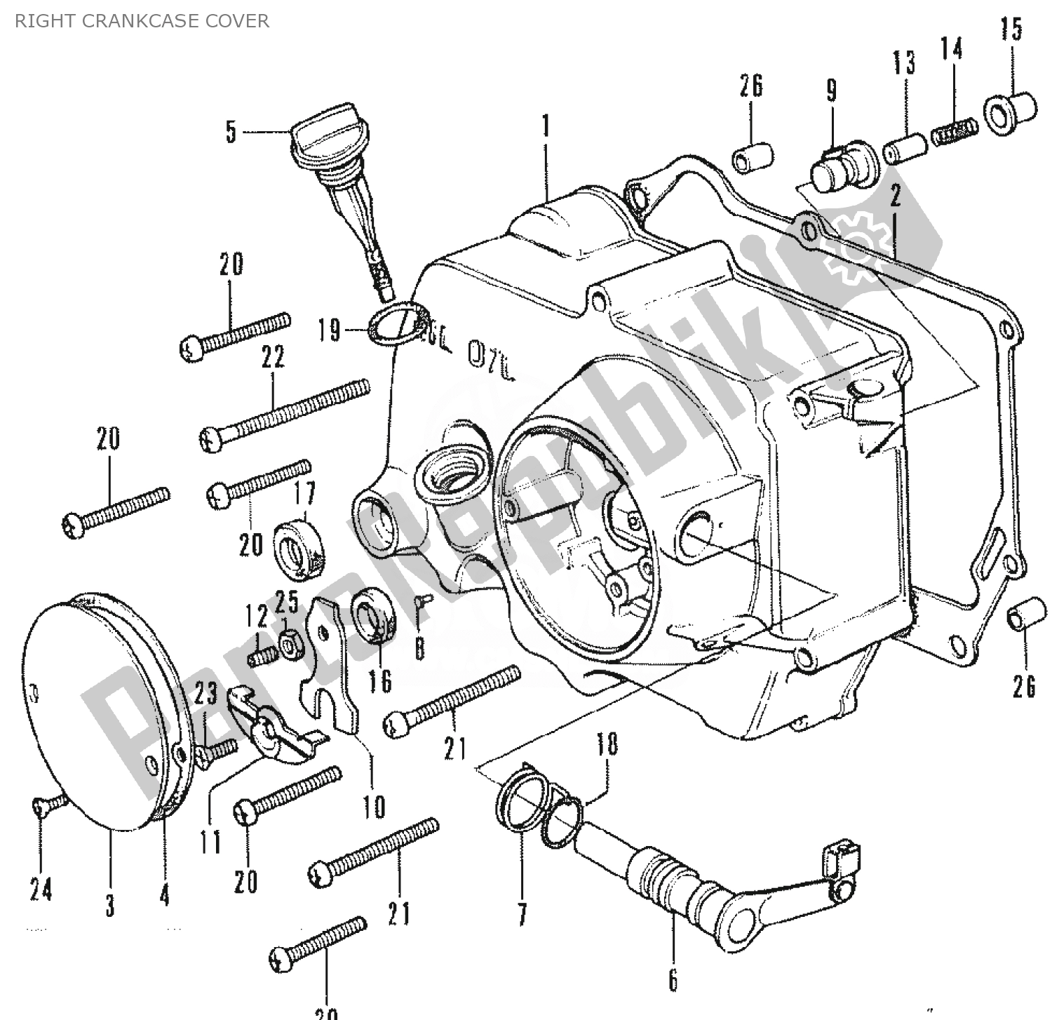 Alle onderdelen voor de Rechter Carterdeksel van de Honda SS 50 1950 - 2023