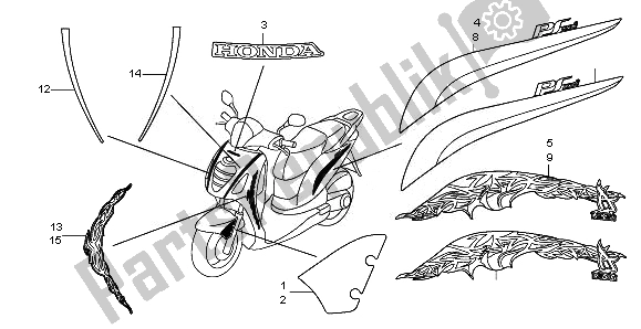 All parts for the Mark & Stripe of the Honda PES 125R 2010