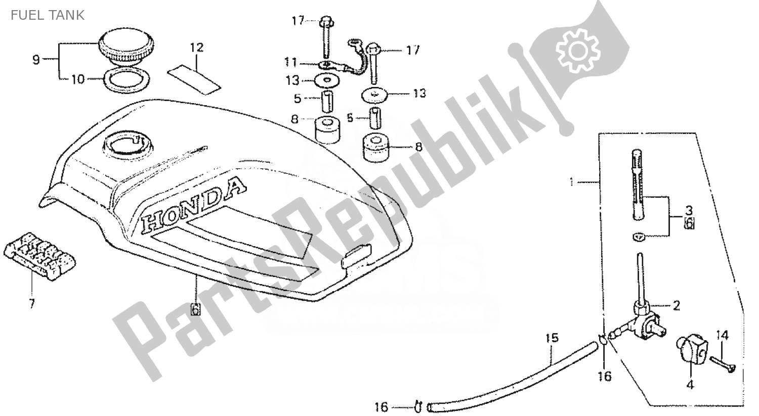 All parts for the Fuel Tank of the Honda MT 50 1980