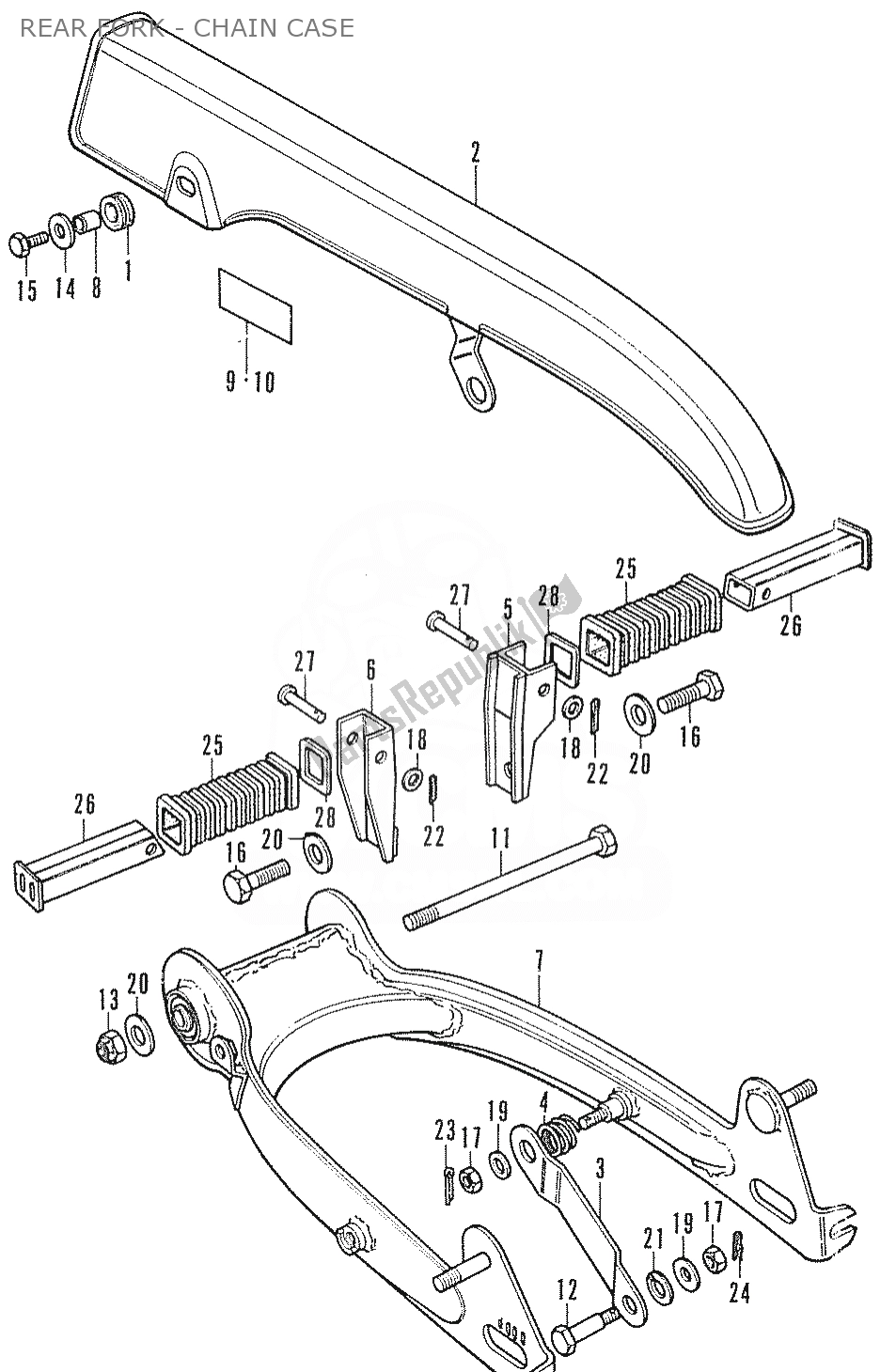 All parts for the Rear Fork - Chain Case of the Honda CF 70 Chaly 1950 - 2023
