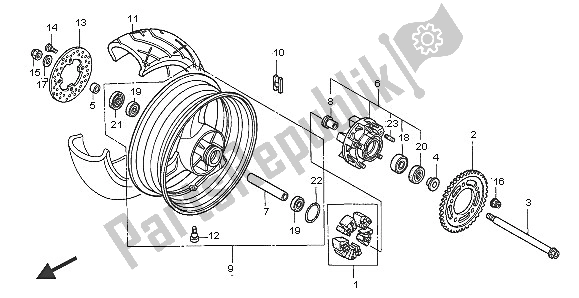 All parts for the Rear Wheel of the Honda VTR 1000F 2005