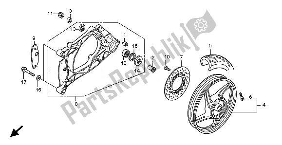 Alle onderdelen voor de Achterwiel En Achterbrug van de Honda SH 125 2010