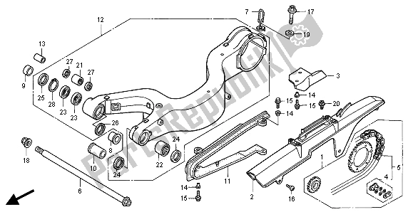 All parts for the Swingarm of the Honda VFR 800 FI 2000