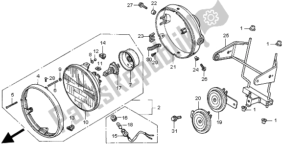 All parts for the Headlight (uk) of the Honda CB 750F2 1998