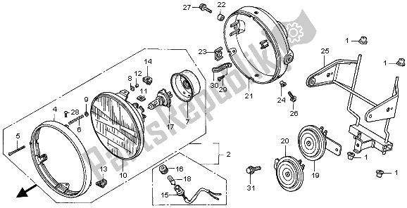 All parts for the Headlight (uk) of the Honda CB 750F2 1999