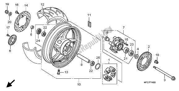 All parts for the Rear Wheel of the Honda CB 600F3A Hornet 2009