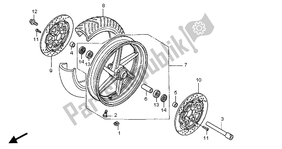 All parts for the Front Wheel of the Honda VFR 800 FI 2001