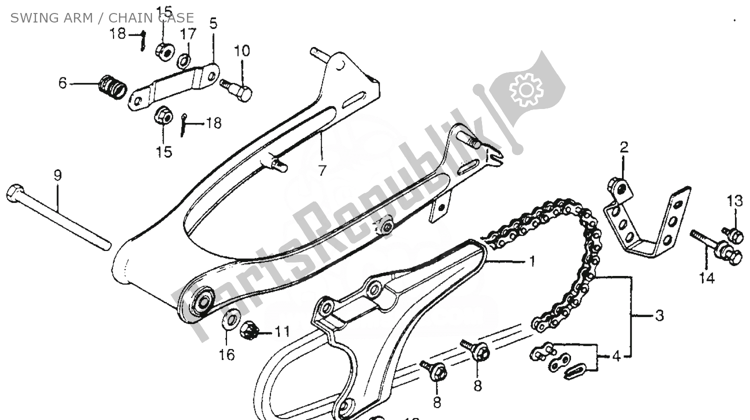 Alle onderdelen voor de Swing Arm / Chain Case van de Honda CT 70 Trail 1981