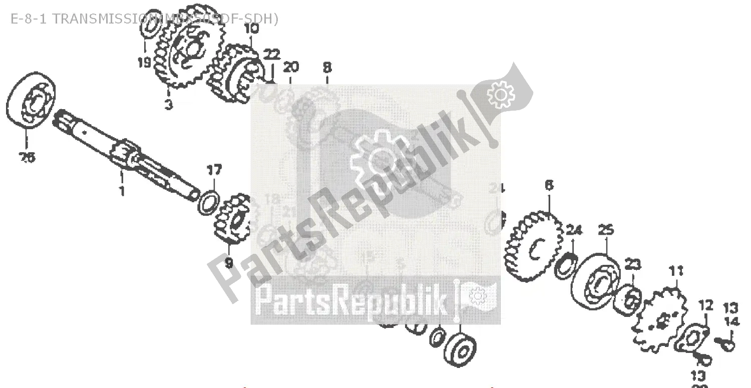 All parts for the E-8-1 Transmission(mbx50sdf-sdh) of the Honda MBX 50 1985