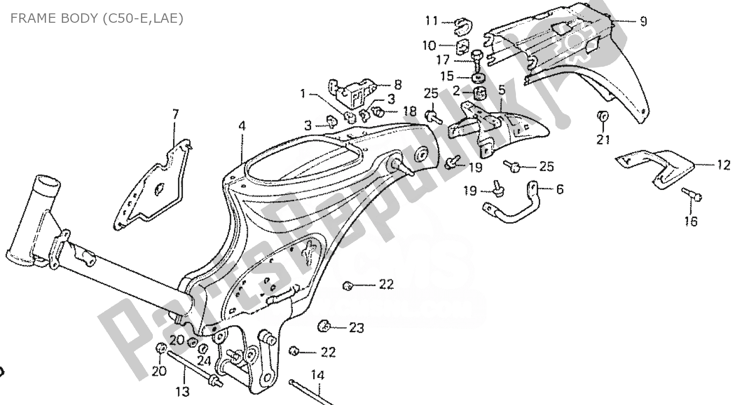 All parts for the Frame Body (c50-e,lae) of the Honda C 50 CUB 1984