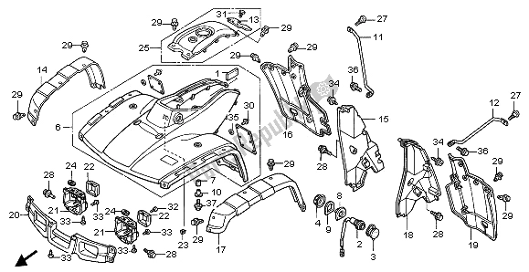 Todas as partes de Pára-lama Dianteiro do Honda TRX 350 FE Fourtrax Rancher 4X4 ES 2002