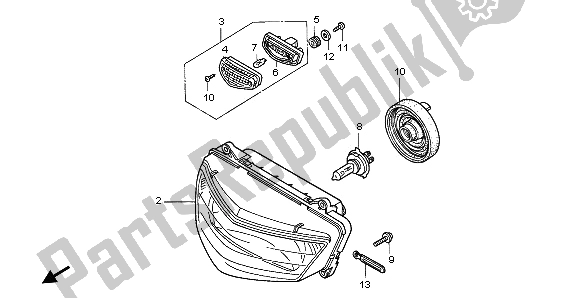 All parts for the Headlight (uk) of the Honda VTR 1000F 2003