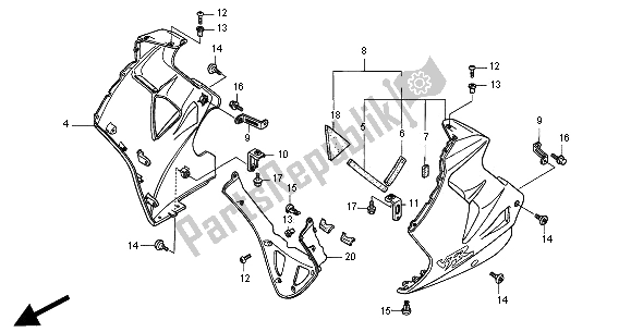 All parts for the Lower Cowl of the Honda VFR 800 FI 2000