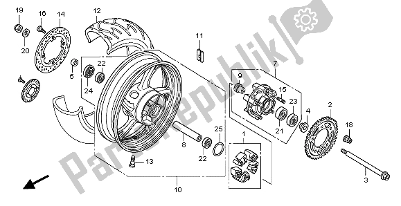 All parts for the Rear Wheel of the Honda CB 600F Hornet 2007