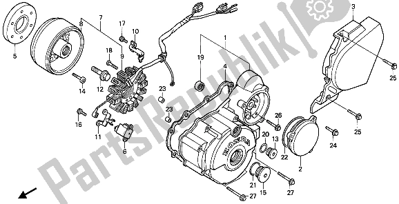 All parts for the Left Crankcase Cover & Generator of the Honda NX 250 1989