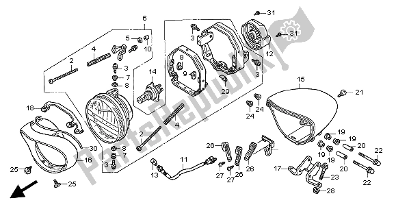 All parts for the Headlight (uk) of the Honda VTX 1800C 2004