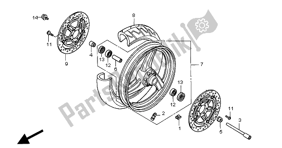 All parts for the Front Wheel of the Honda CB 600F2 Hornet 2000