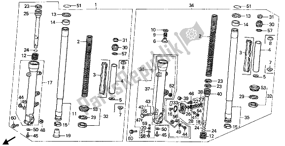 All parts for the Front Fork of the Honda VFR 750F 1989