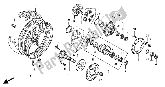 All parts for the Rear Wheel of the Honda VFR 800 FI 2000