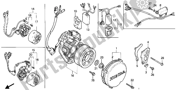 All parts for the Left Crankcase Cover & Generator & C. D. I. Unit of the Honda CR 250R 1988
