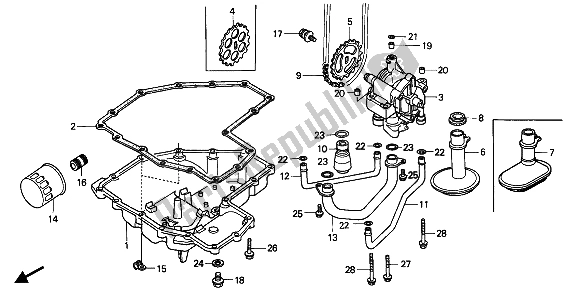 Alle onderdelen voor de Oliefilter & Oliepan & Oliepomp van de Honda CBR 1000F 1989