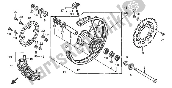 All parts for the Rear Wheel of the Honda CR 250R 2005