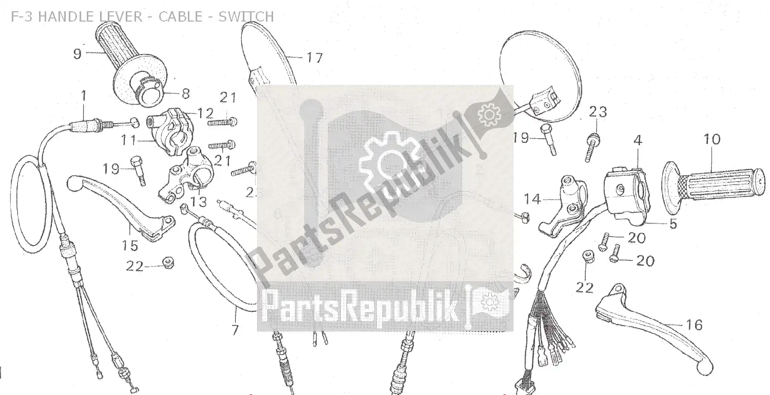 All parts for the F-3 Handle Lever - Cable - Switch of the Honda MT 80 1980