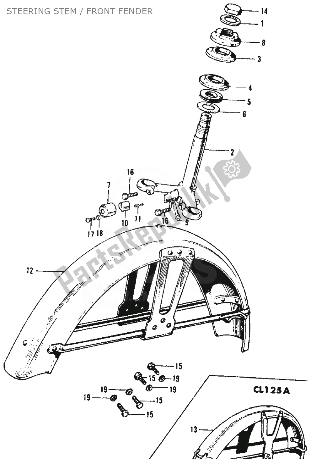 Alle onderdelen voor de Steering Stem / Front Fender van de Honda SS 125 1967