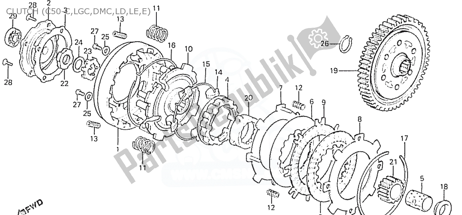 Alle onderdelen voor de Clutch (c50-c,lgc,dmc,ld,le,e) van de Honda C 50 CUB 1984