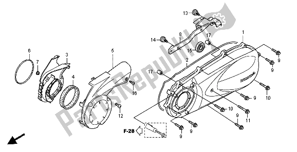 All parts for the Left Crankcase Cover of the Honda SH 300 2008