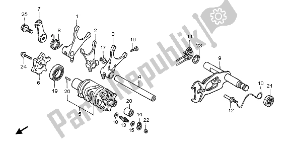 All parts for the Shift Drum & Shift Fork of the Honda FMX 650 2006