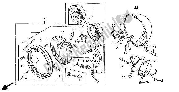 Alle onderdelen voor de Koplamp (uk) van de Honda VT 750 DC 2002