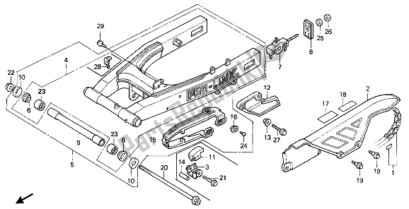 All parts for the Rear Fork & Chain Case of the Honda NX 650 1989