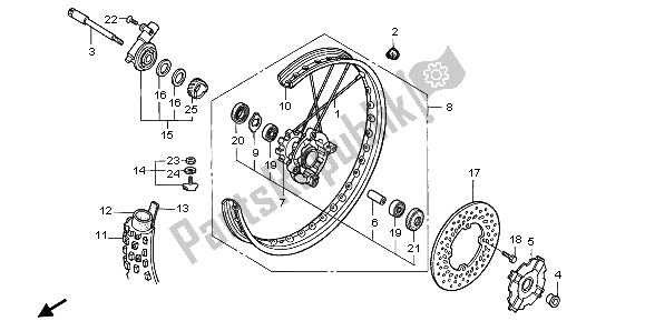 All parts for the Front Wheel of the Honda XR 650R 2002