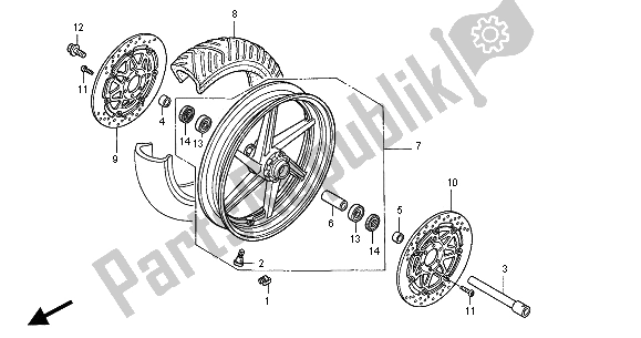 All parts for the Front Wheel of the Honda VFR 800 FI 2000