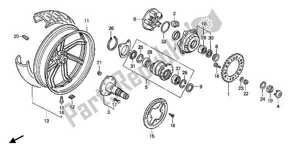 All parts for the Rear Wheel of the Honda VFR 750F 1990