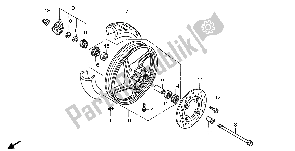 All parts for the Front Wheel of the Honda SH 150 2007