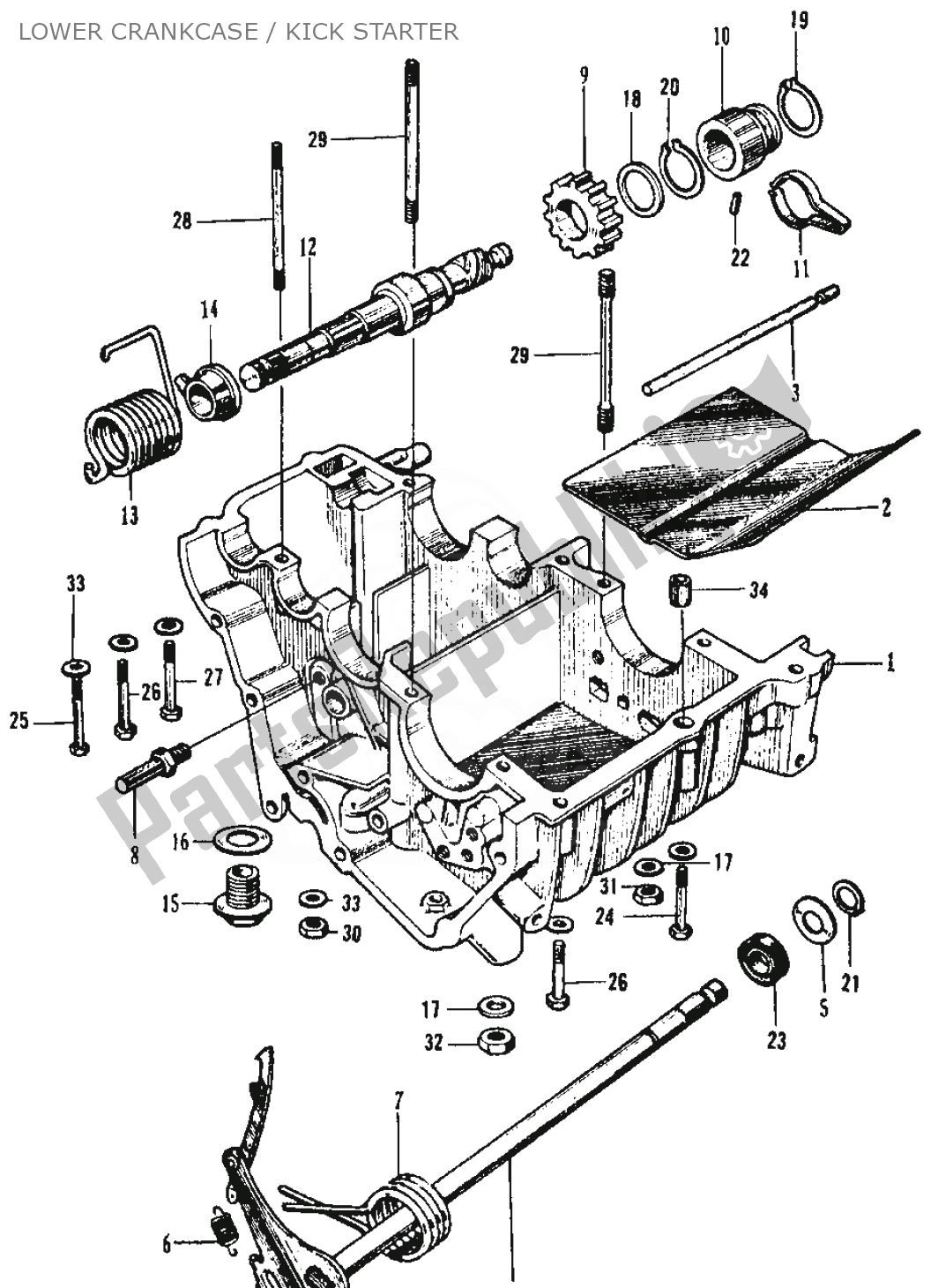 Alle onderdelen voor de Lower Crankcase / Kick Starter van de Honda SS 125 1967